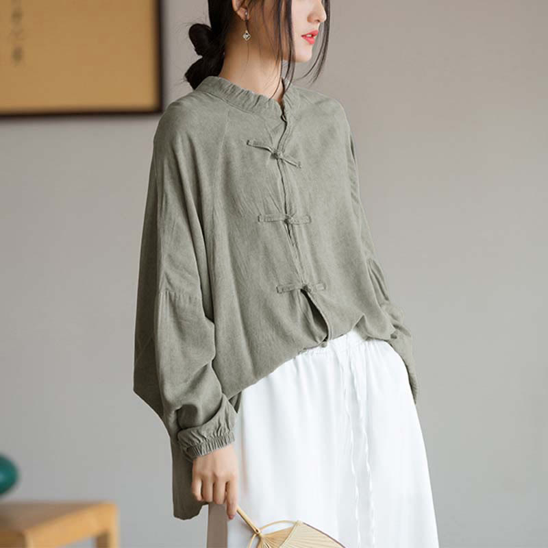 Frog-Button Long Sleeve Shirt Zen Tai Chi Meditation Top Hanfu Clothing Jacket