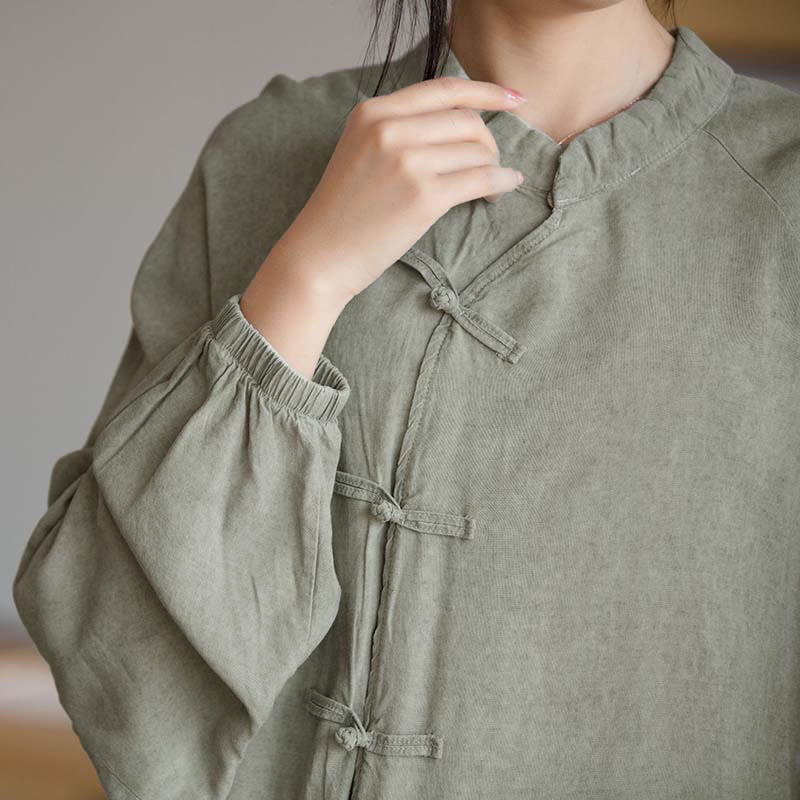 Frog-Button Long Sleeve Shirt Zen Tai Chi Meditation Top Hanfu Clothing Jacket