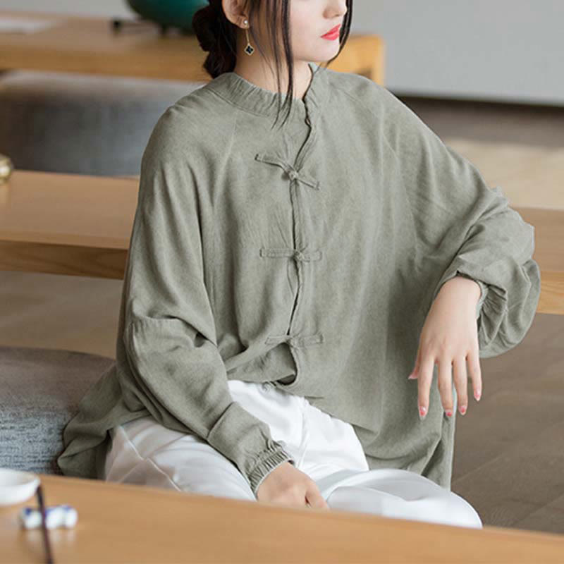 Frog-Button Long Sleeve Shirt Zen Tai Chi Meditation Top Hanfu Clothing Jacket