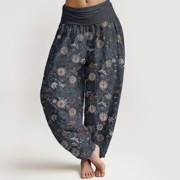 Pure Cotton Casual New York Aster Flowers Leaves Design Women's Elastic Waist Harem Pants