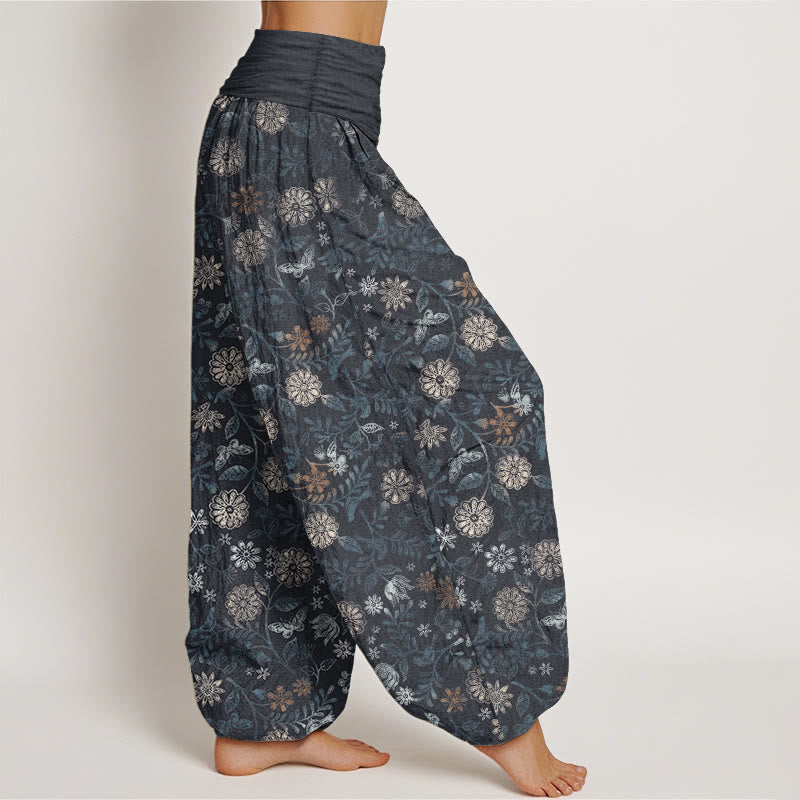 Pure Cotton Casual New York Aster Flowers Leaves Design Women's Elastic Waist Harem Pants