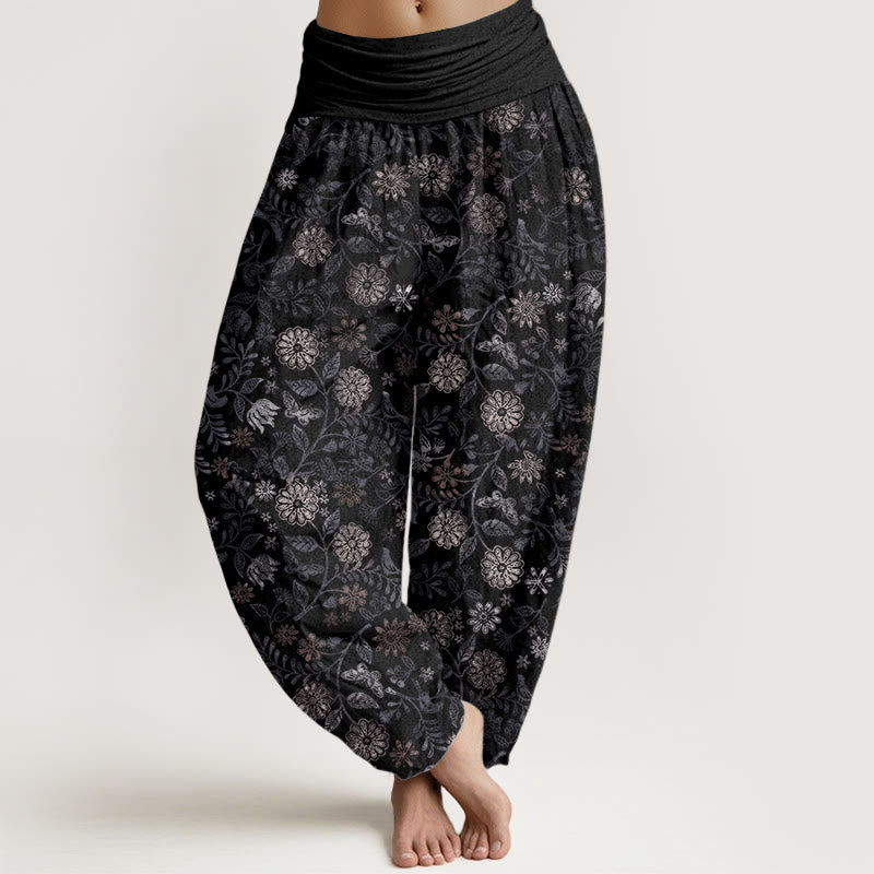 Pure Cotton Casual New York Aster Flowers Leaves Design Women's Elastic Waist Harem Pants