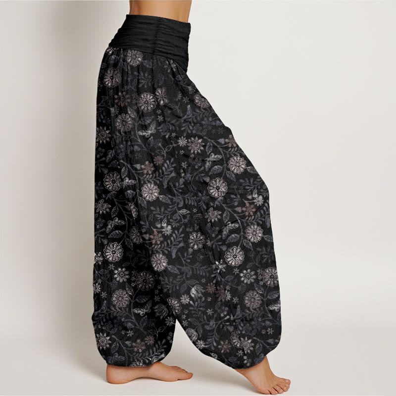 Pure Cotton Casual New York Aster Flowers Leaves Design Women's Elastic Waist Harem Pants