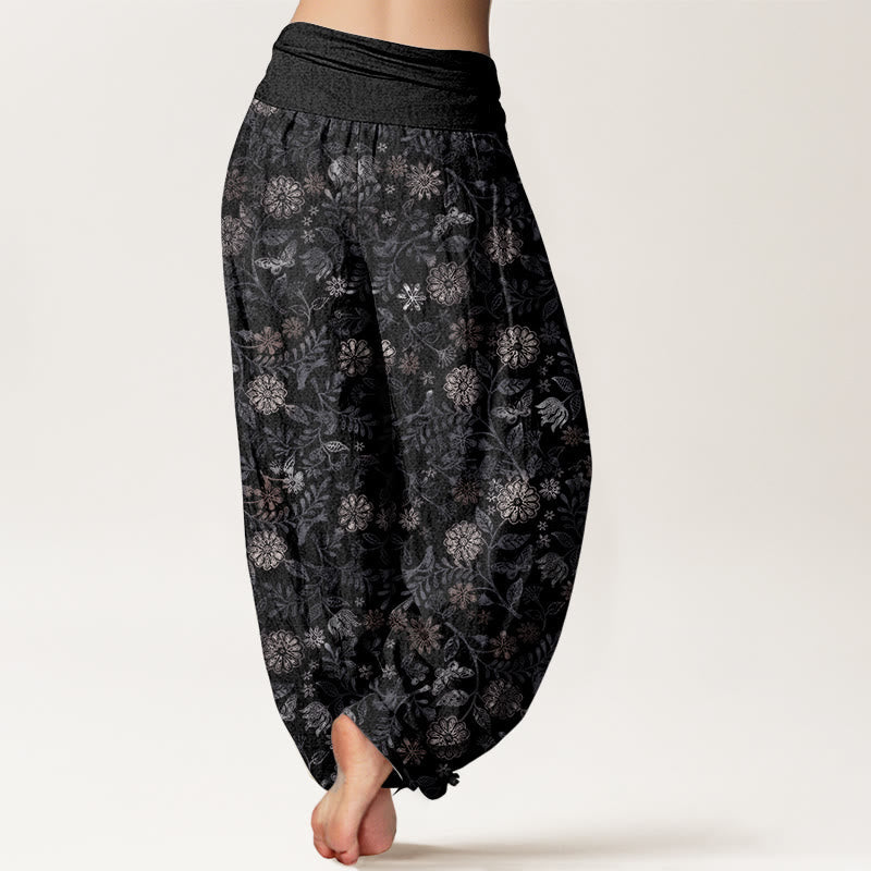 Pure Cotton Casual New York Aster Flowers Leaves Design Women's Elastic Waist Harem Pants