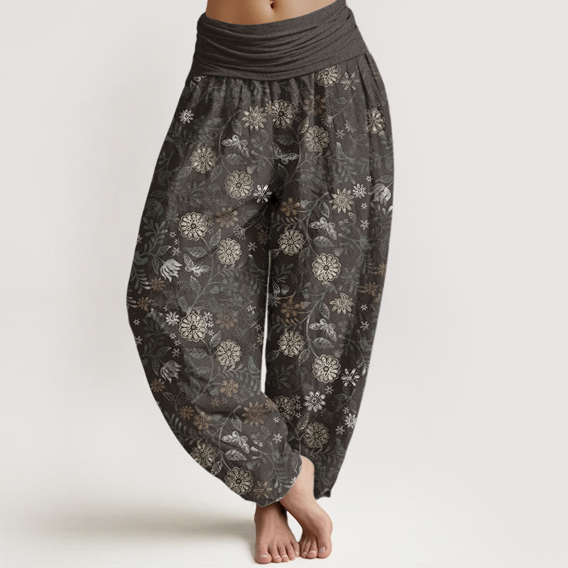 Pure Cotton Casual New York Aster Flowers Leaves Design Women's Elastic Waist Harem Pants