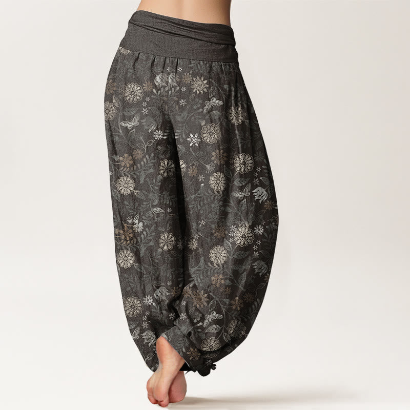 Pure Cotton Casual New York Aster Flowers Leaves Design Women's Elastic Waist Harem Pants