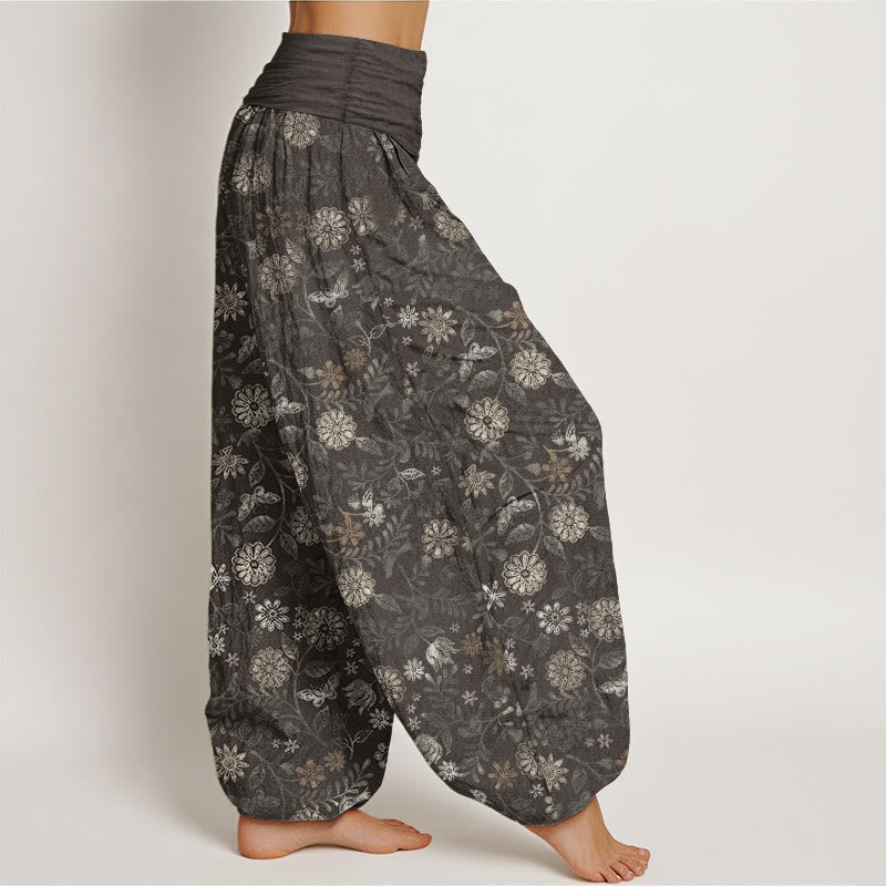 Pure Cotton Casual New York Aster Flowers Leaves Design Women's Elastic Waist Harem Pants