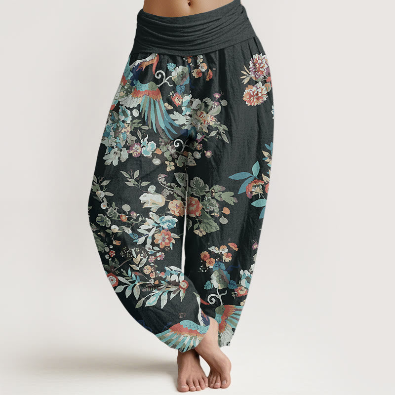Pure Cotton Colorful Flowers Birds Leaves Pattern Women's Elastic Waist Harem Pants