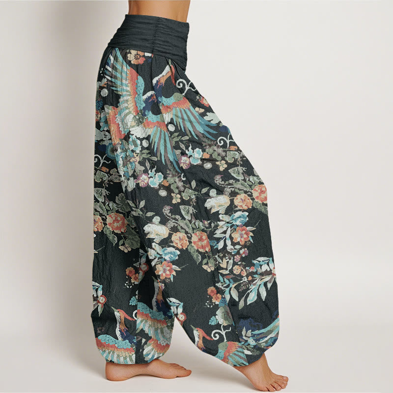 Pure Cotton Colorful Flowers Birds Leaves Pattern Women's Elastic Waist Harem Pants
