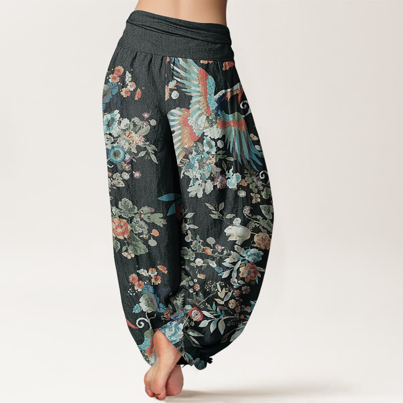 Pure Cotton Colorful Flowers Birds Leaves Pattern Women's Elastic Waist Harem Pants