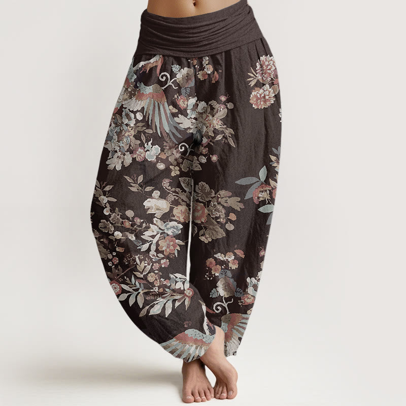 Pure Cotton Colorful Flowers Birds Leaves Pattern Women's Elastic Waist Harem Pants