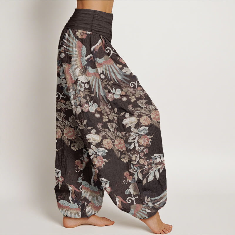 Pure Cotton Colorful Flowers Birds Leaves Pattern Women's Elastic Waist Harem Pants