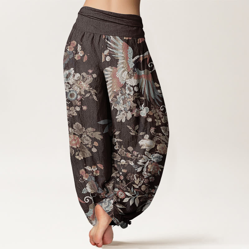 Pure Cotton Colorful Flowers Birds Leaves Pattern Women's Elastic Waist Harem Pants