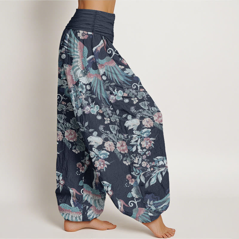 Pure Cotton Colorful Flowers Birds Leaves Pattern Women's Elastic Waist Harem Pants