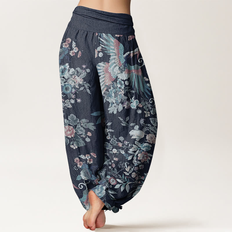 Pure Cotton Colorful Flowers Birds Leaves Pattern Women's Elastic Waist Harem Pants