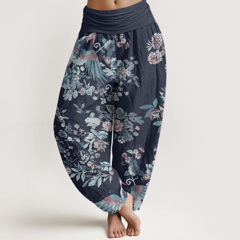 Pure Cotton Colorful Flowers Birds Leaves Pattern Women's Elastic Waist Harem Pants