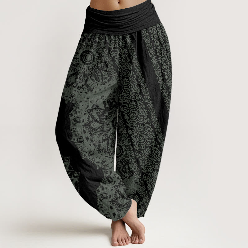 Pure Cotton Mandala Pattern Parallel Flowers Women's Elastic Waist Harem Pants