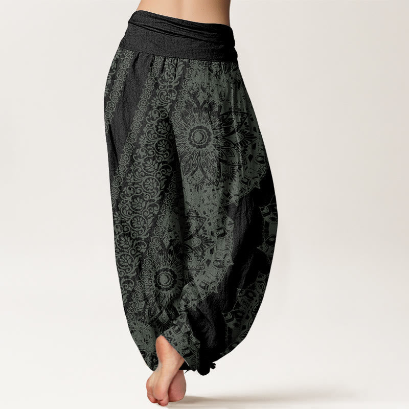 Pure Cotton Mandala Pattern Parallel Flowers Women's Elastic Waist Harem Pants