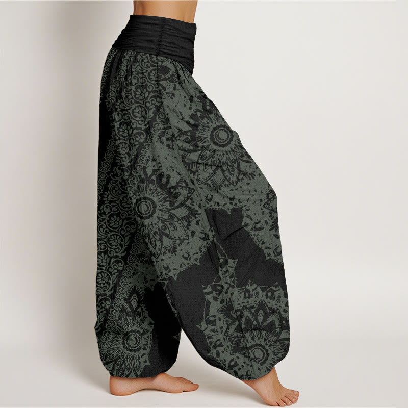 Pure Cotton Mandala Pattern Parallel Flowers Women's Elastic Waist Harem Pants