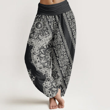 Pure Cotton Mandala Pattern Parallel Flowers Women's Elastic Waist Harem Pants
