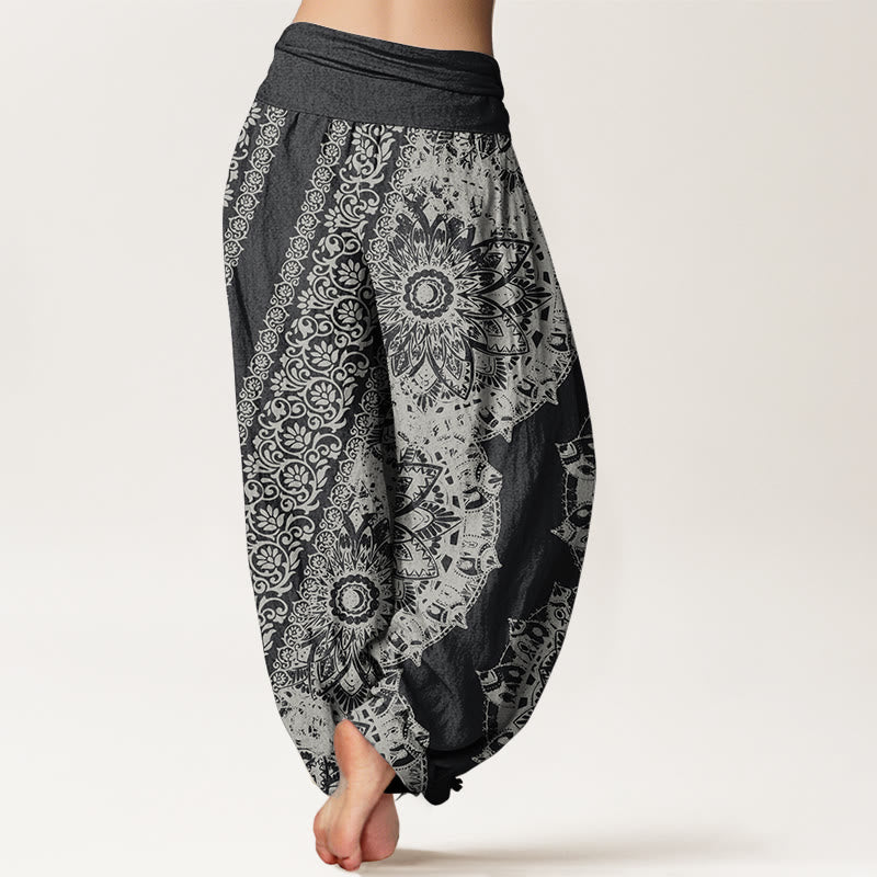 Pure Cotton Mandala Pattern Parallel Flowers Women's Elastic Waist Harem Pants