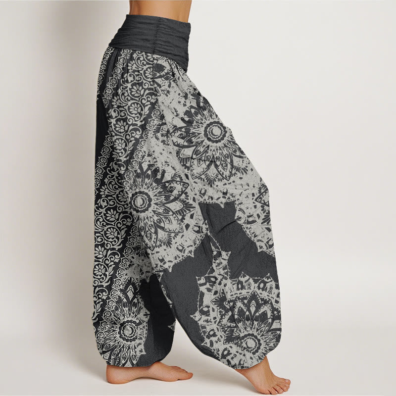 Pure Cotton Mandala Pattern Parallel Flowers Women's Elastic Waist Harem Pants