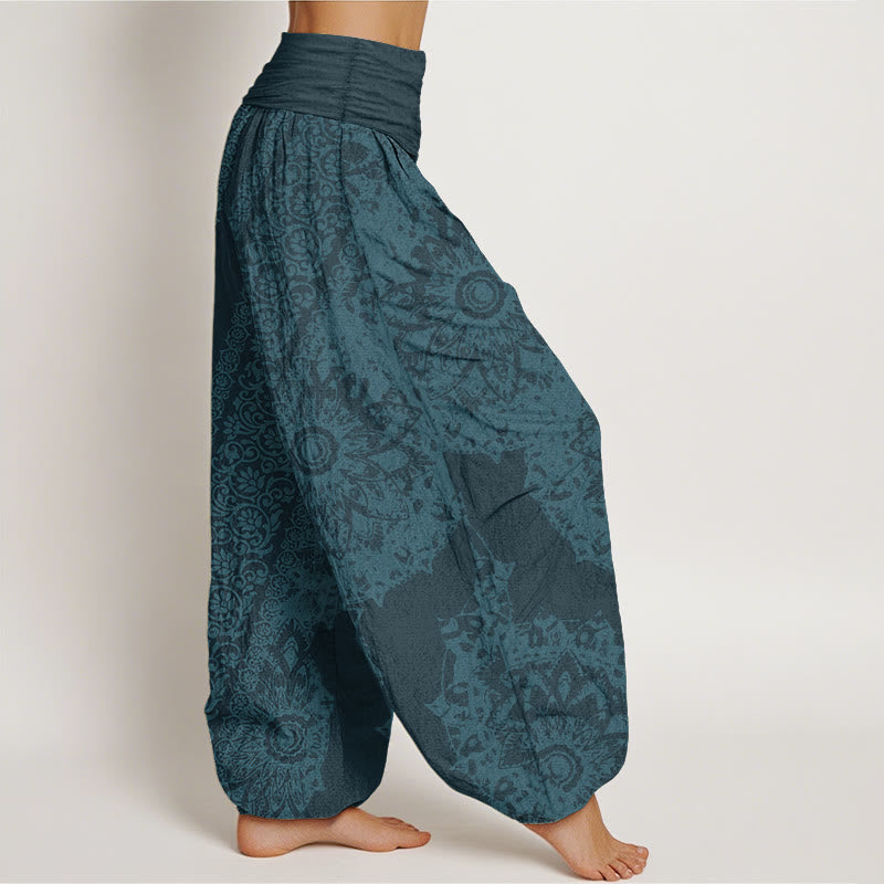 Pure Cotton Mandala Pattern Parallel Flowers Women's Elastic Waist Harem Pants