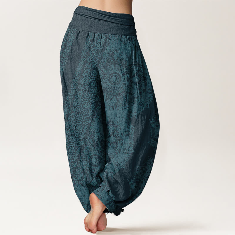 Pure Cotton Mandala Pattern Parallel Flowers Women's Elastic Waist Harem Pants