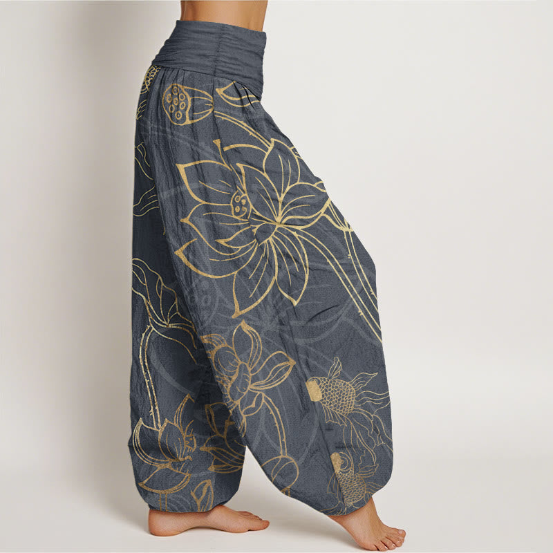 Pure Cotton Lotus Leaf Koi Fish Women's Elastic Waist Harem Pants