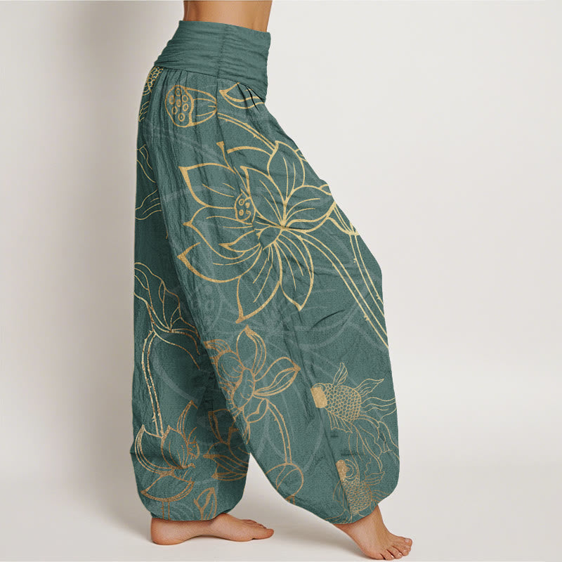 Pure Cotton Lotus Leaf Koi Fish Women's Elastic Waist Harem Pants