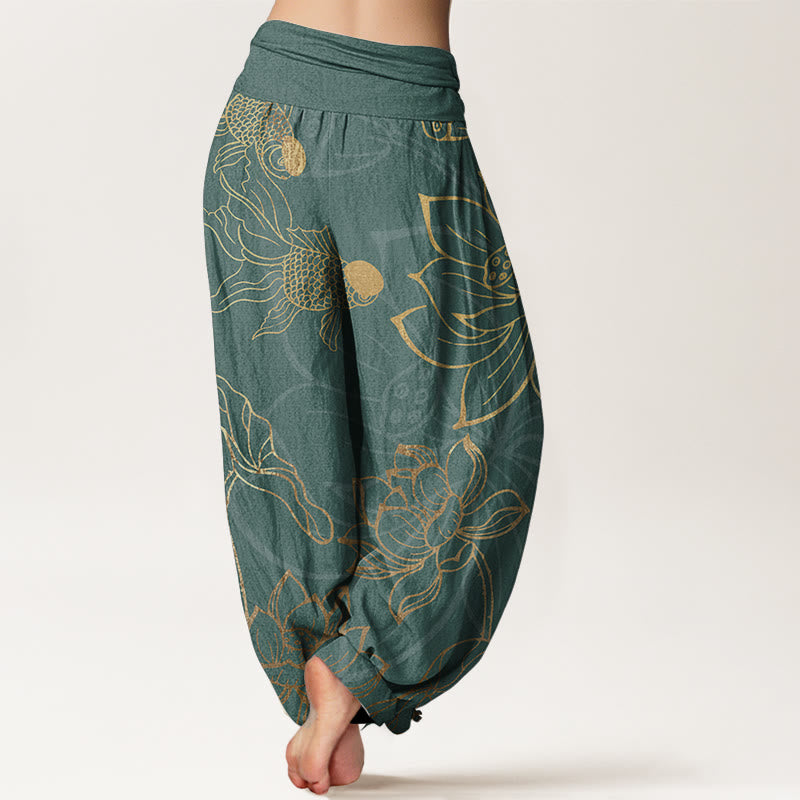 Pure Cotton Lotus Leaf Koi Fish Women's Elastic Waist Harem Pants