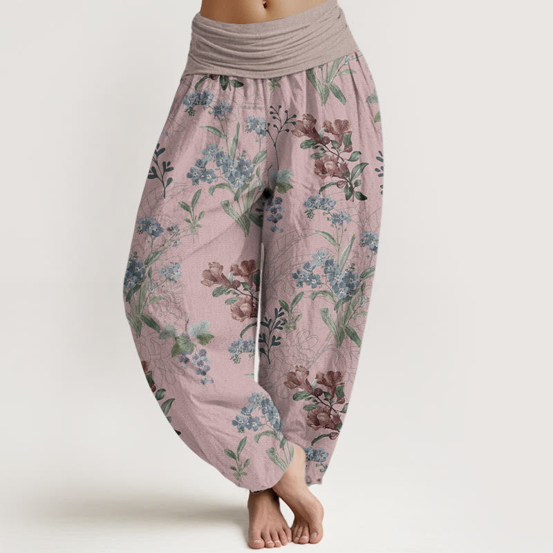 Pure Cotton Red Blue Flowers Green Leaves Design Women's Elastic Waist Harem Pants