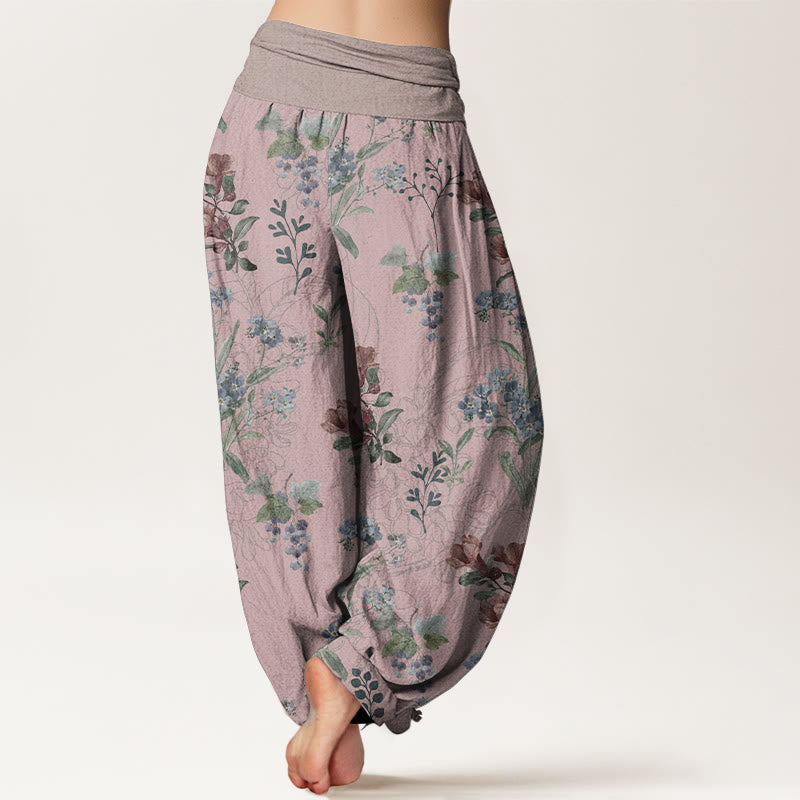Pure Cotton Red Blue Flowers Green Leaves Design Women's Elastic Waist Harem Pants