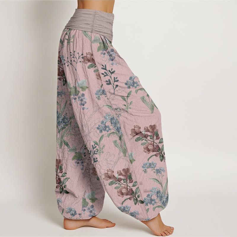 Pure Cotton Red Blue Flowers Green Leaves Design Women's Elastic Waist Harem Pants
