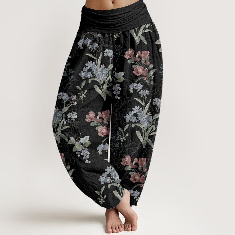Pure Cotton Red Blue Flowers Green Leaves Design Women's Elastic Waist Harem Pants