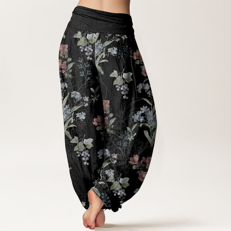 Pure Cotton Red Blue Flowers Green Leaves Design Women's Elastic Waist Harem Pants