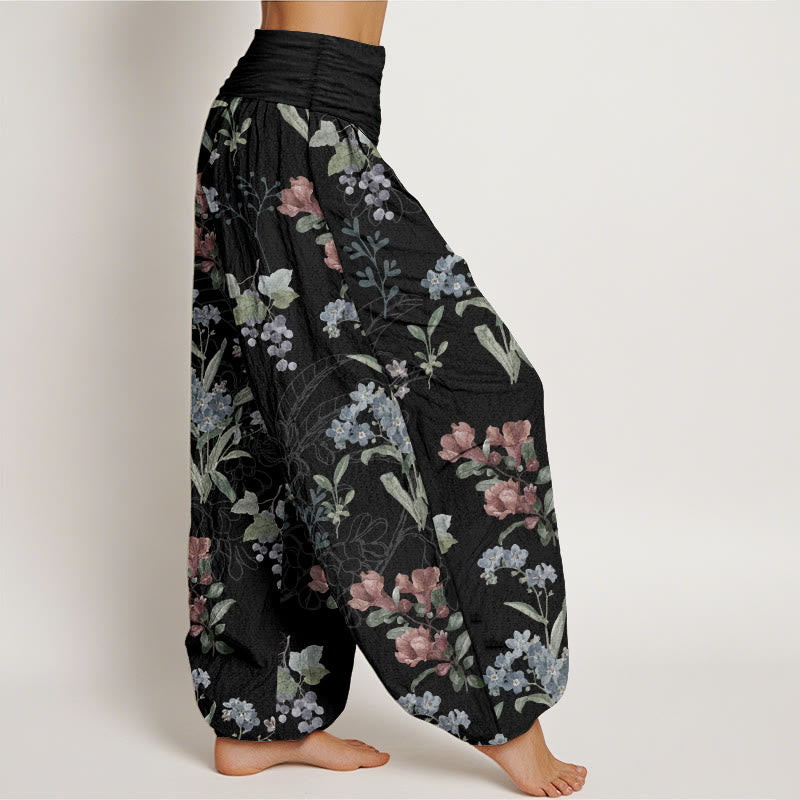 Pure Cotton Red Blue Flowers Green Leaves Design Women's Elastic Waist Harem Pants