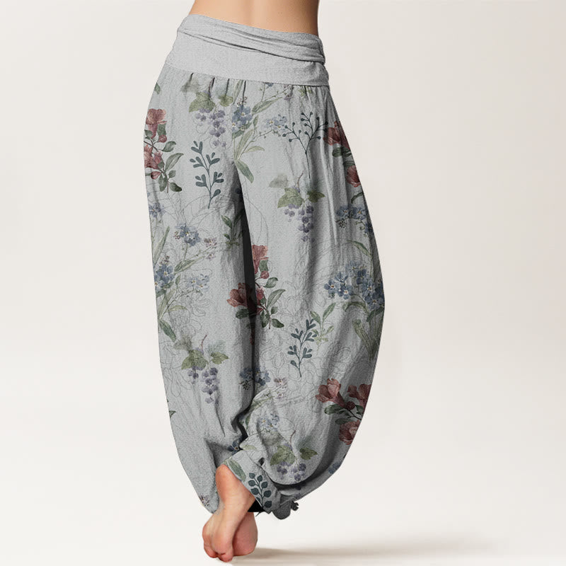 Pure Cotton Red Blue Flowers Green Leaves Design Women's Elastic Waist Harem Pants