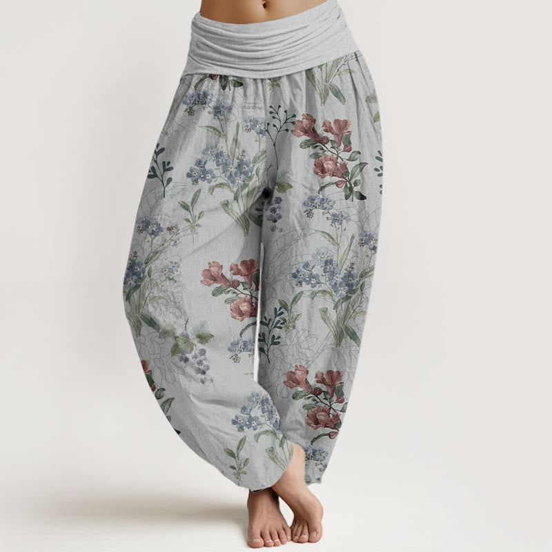 Pure Cotton Red Blue Flowers Green Leaves Design Women's Elastic Waist Harem Pants