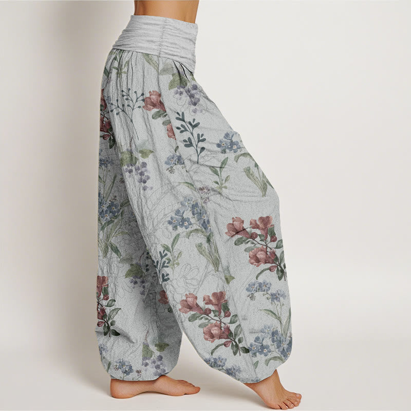 Pure Cotton Red Blue Flowers Green Leaves Design Women's Elastic Waist Harem Pants