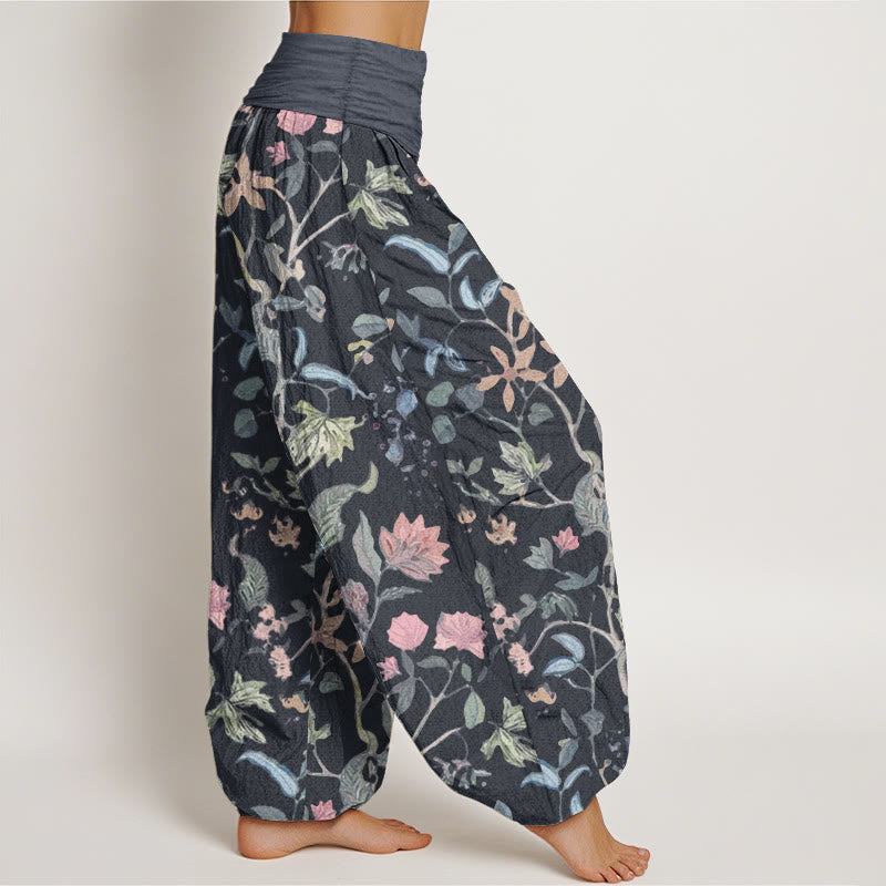 Pure Cotton Floral Leaf Vine Design Women's Elastic Waist Harem Pants