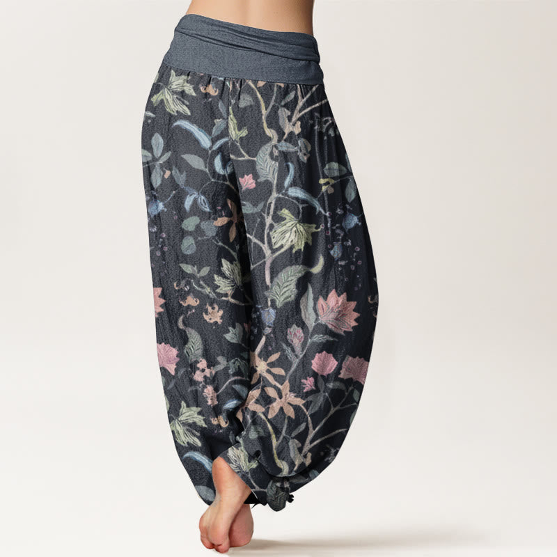 Pure Cotton Floral Leaf Vine Design Women's Elastic Waist Harem Pants