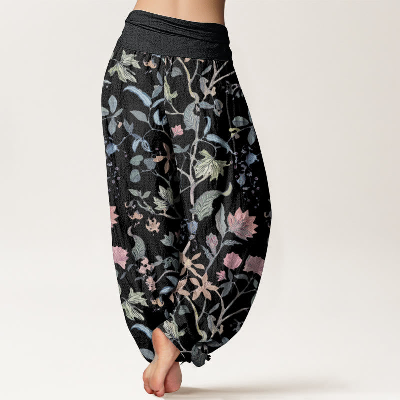 Pure Cotton Floral Leaf Vine Design Women's Elastic Waist Harem Pants