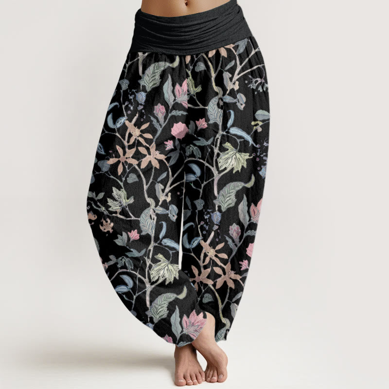 Pure Cotton Floral Leaf Vine Design Women's Elastic Waist Harem Pants