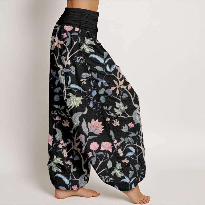 Pure Cotton Floral Leaf Vine Design Women's Elastic Waist Harem Pants