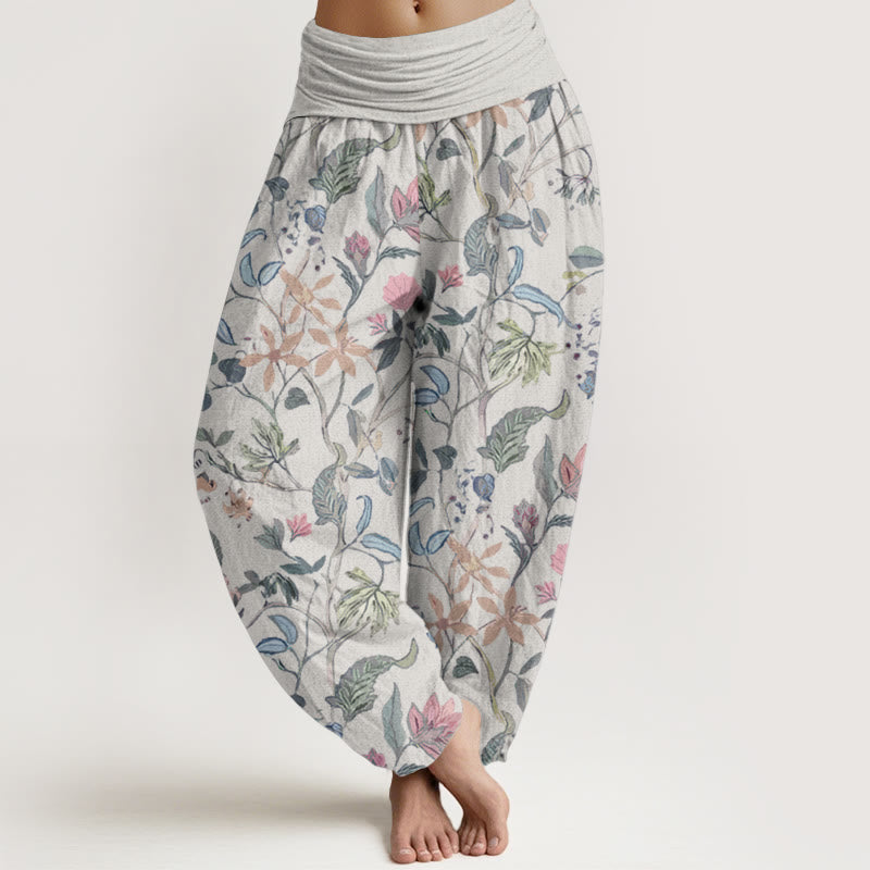 Pure Cotton Floral Leaf Vine Design Women's Elastic Waist Harem Pants
