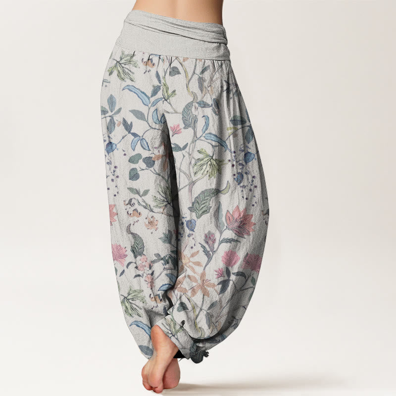 Pure Cotton Floral Leaf Vine Design Women's Elastic Waist Harem Pants