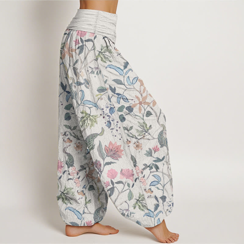 Pure Cotton Floral Leaf Vine Design Women's Elastic Waist Harem Pants