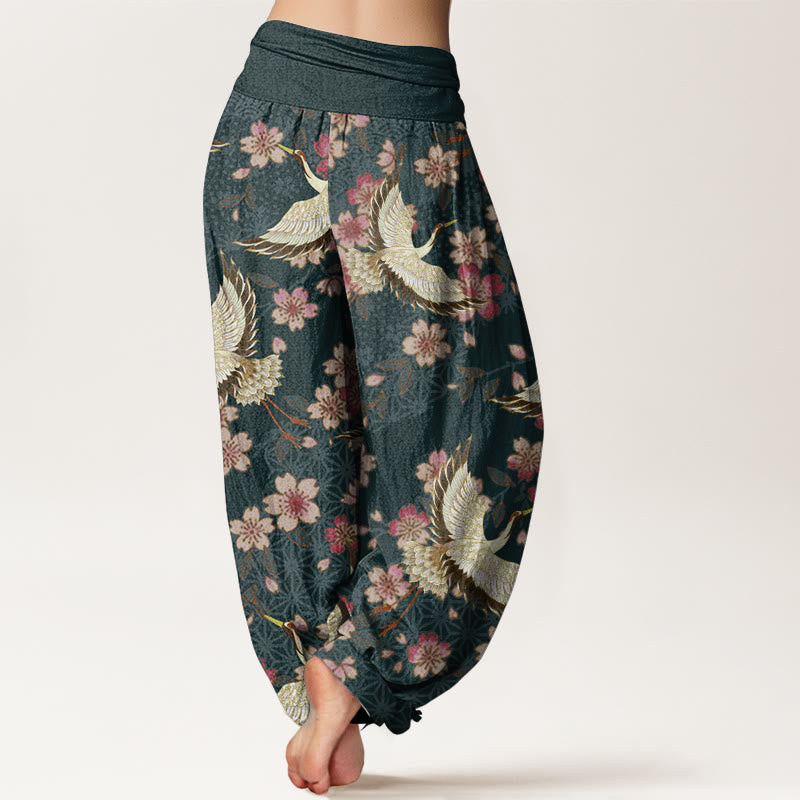 Tactile Cotton Crane Print Breathable Meditation Harem Pants
