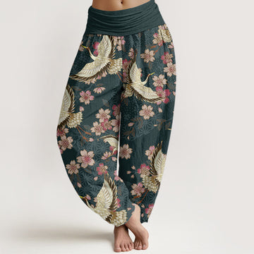 Tactile Cotton Crane Print Breathable Meditation Harem Pants